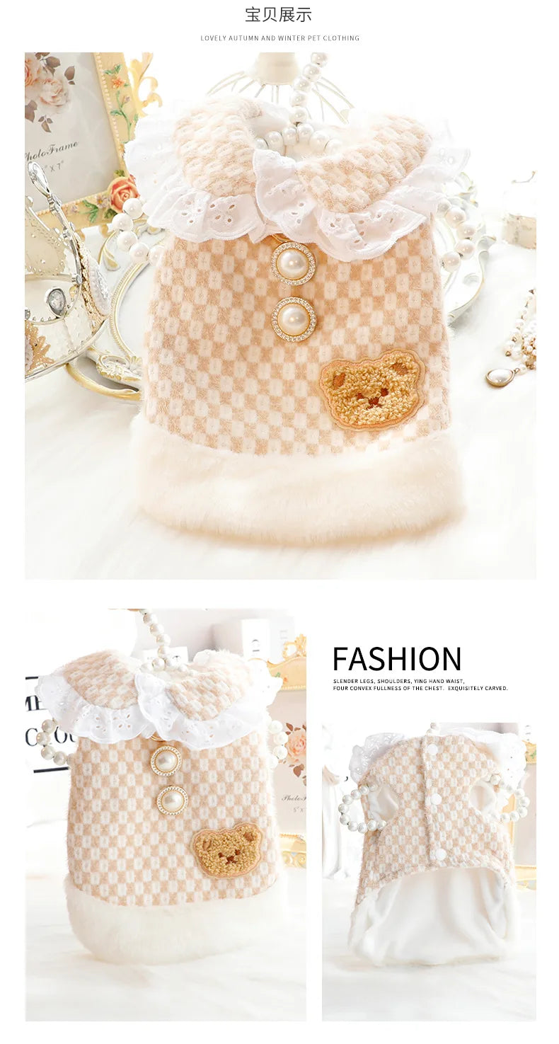 Pet Clothing Autumn Winter Dress Cat Dog Princess Dress Light Coffee Pearl Lapel Dress Small and Medium-sized Dogs Clothing