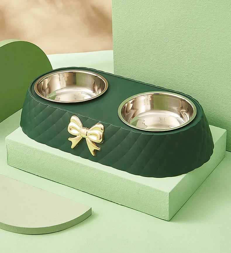 Pet Supplies Bow Tie Cat Food Bowl PP Base Dog Bowl Stainless Steel Double Layer Pet Accessories Feeding and Drinking Double Bow