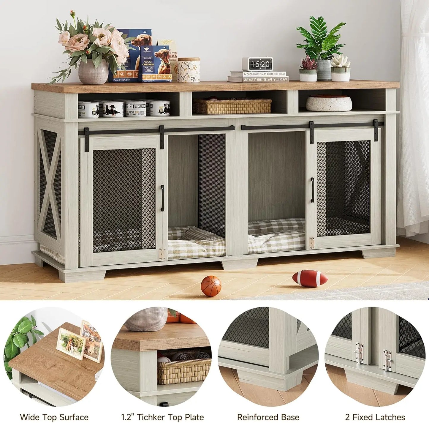 71" Dog Crate Furniture, Extra Large Wooden Double Dog Crate , Furniture Style Dog Crate Table Indoor TV Stand , White