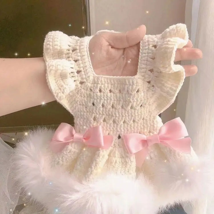 Cat and Dog Dress Autumn Winter Princess Dress Pink Blue Bow Hollow Out Sweater Dress  Fashion Two Legged Pet Clothing