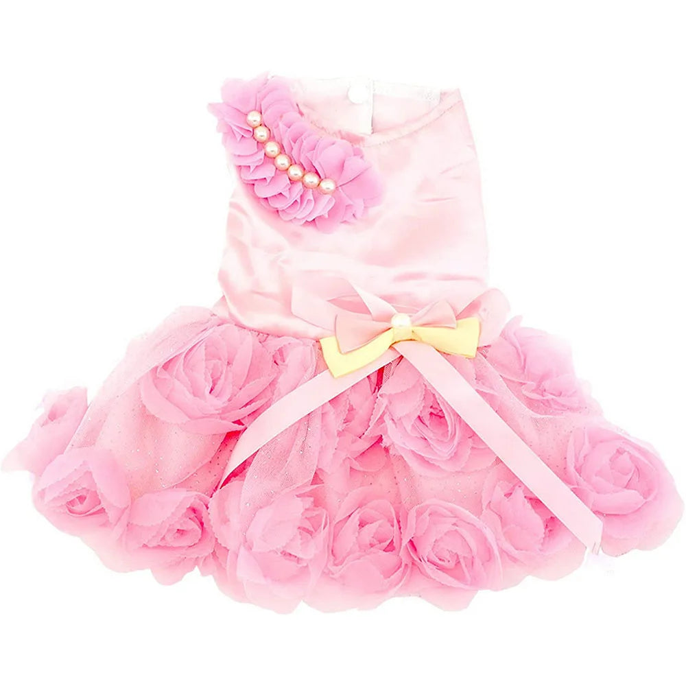 Pet Small Dog Wedding Dress with Bowknot Birthday Party Costume Satin Rose Pearls Girl Formal Dress for Puppy Dog Cat Tutu Dress