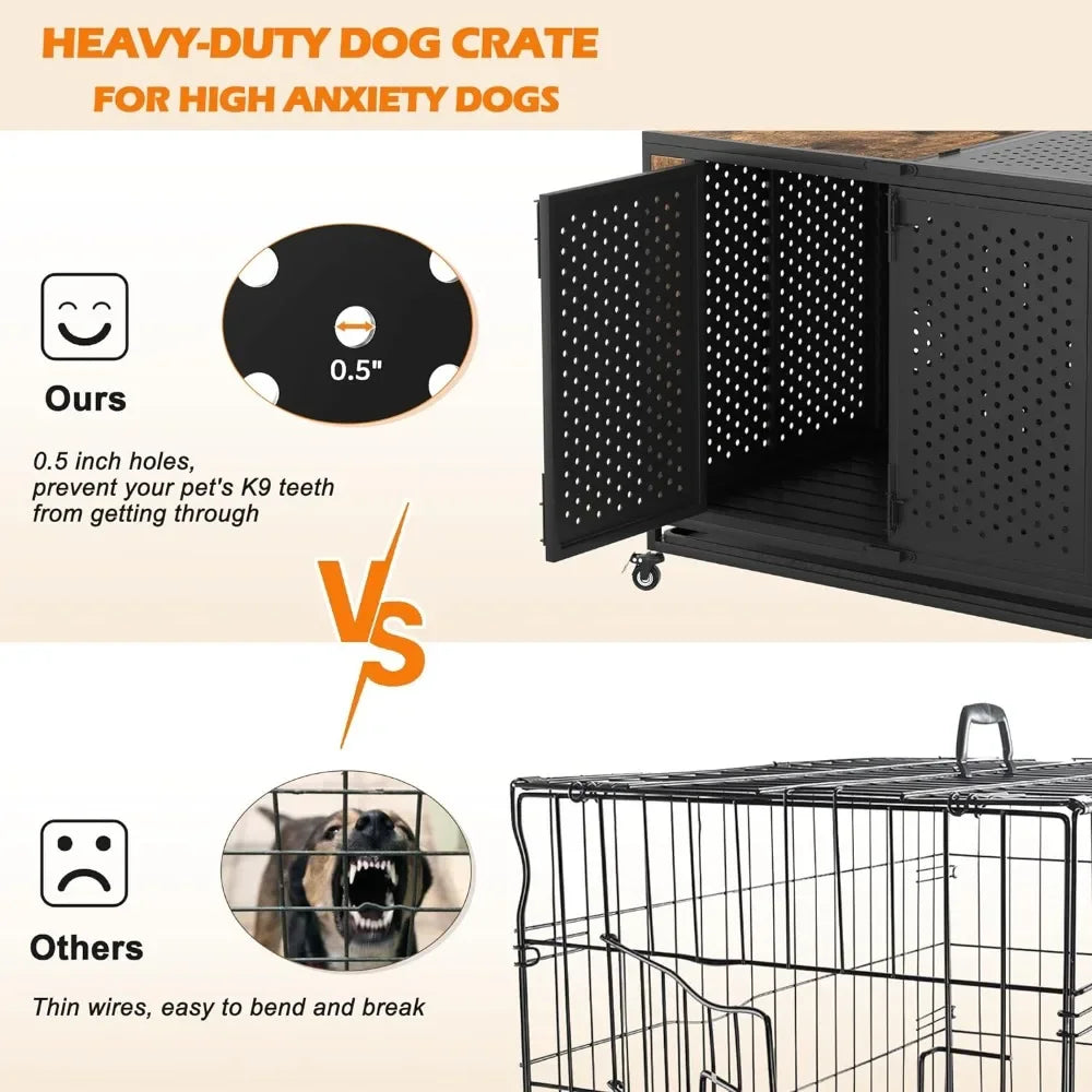 42" Heavy Duty Dog Crate Furniture for Large and Medium Dogs Enclosed Design with 0.5 inch Holes Indestructible Metal Kennel