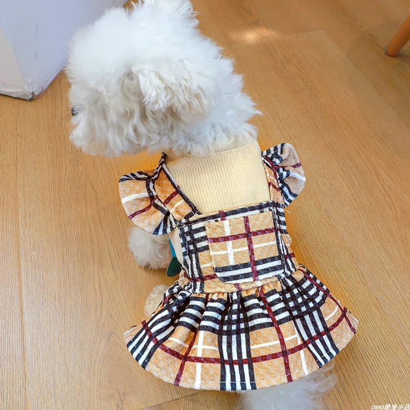 1PC pet clothing, cat spring and autumn toffee coffee plaid patchwork princess skirt suitable for small and medium-sized dogs