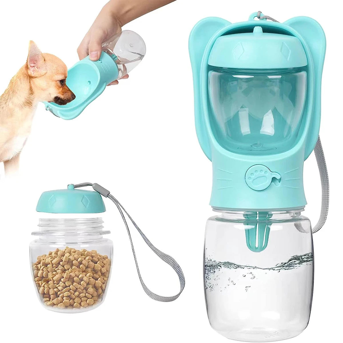 Dog Water Bottle Pet Dispenser with Detachable Food Container Leak Proof Lock for Travel Hiking