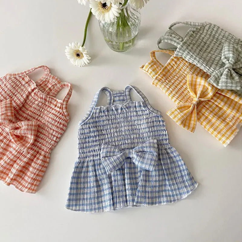 Dog Suspender Skirt Puppy Summer Clothes Bow Plaid Dog Vest Pet Striped Dog Dress Chihuahua Bichon Kitten Pink Girls Dog Costume