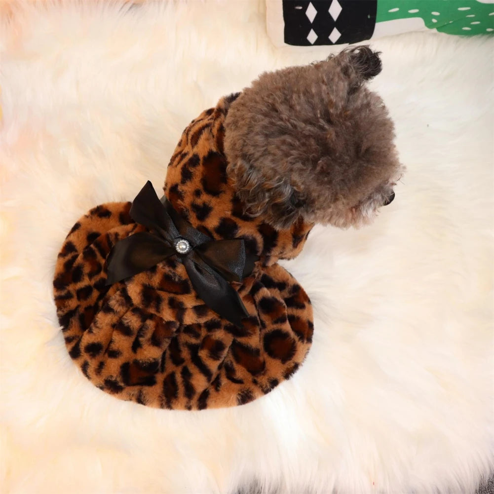 Winter Pet Clothes Elegant Luxury Fur Dress Warm Overcoat Small Dog Cat Clothes Bowknot Leopard Chihuahua Princess Party Dress