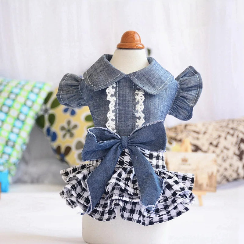 Fashion Dog Clothes Denim Plaid Dress For Small Medium Dogs Cat Spring Summer Pet Clothing Dog Costume Supplies Skirt Pet Suppli