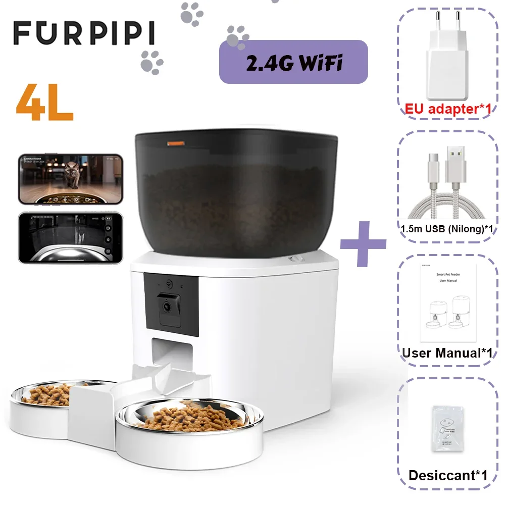 Automatic Feeder for Cats Dogs with Camera HD 4L/8L Furpipi HD 1080P 2.4G/5GWiFi Time Setting Feeder for Pets Dogs Cats Bowls