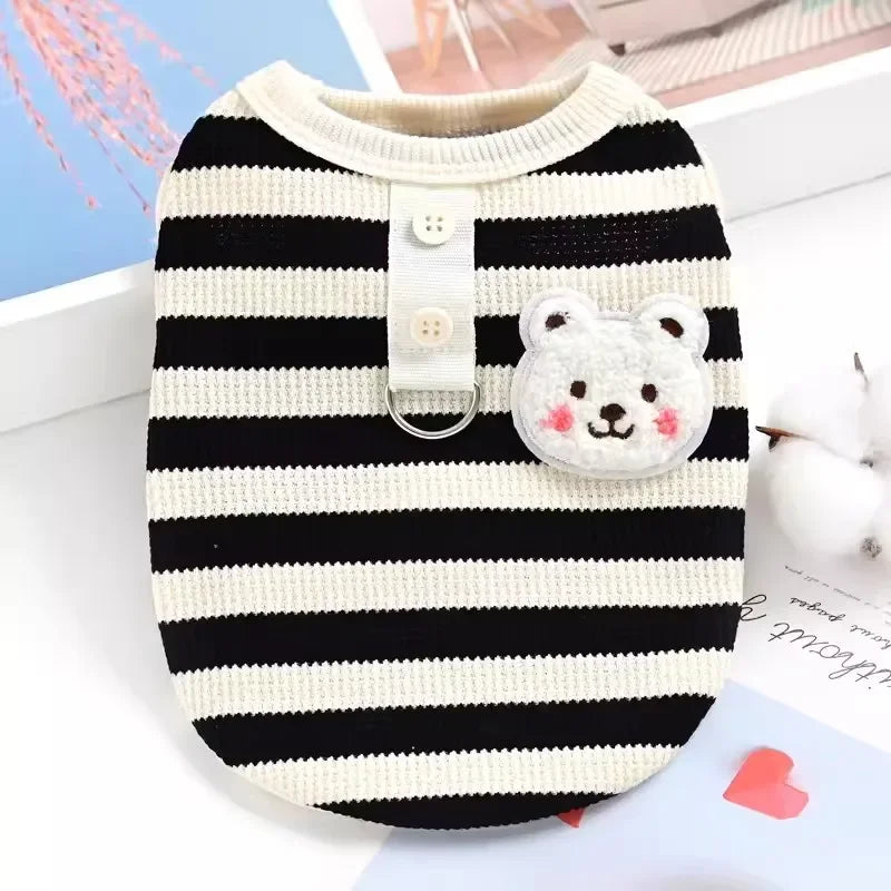 Pets Cat and Dog Clothes, Waffle Grid Vest for Spring/Summer, Striped T-Shirt with Leash for Small Dogs, Summer Outfit