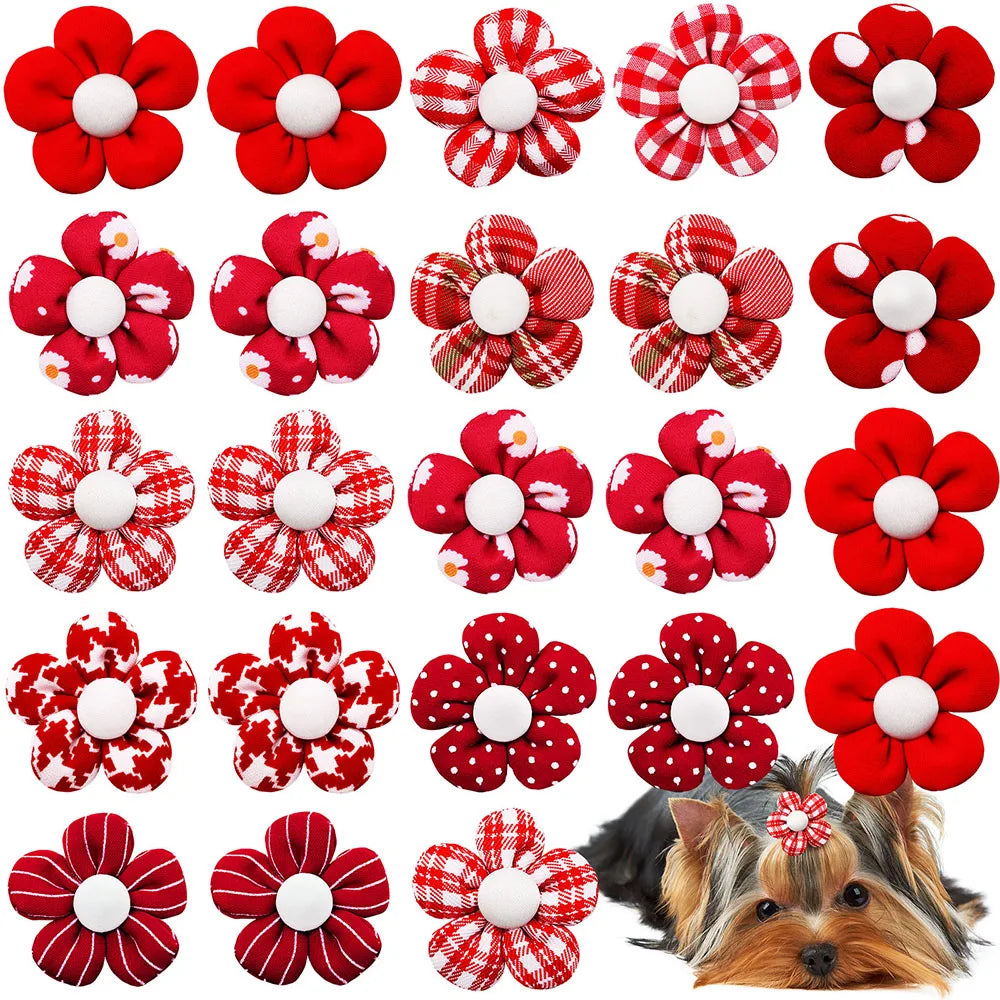 10/20pcs Flower Dog Hair Bow Red Style Valentine's Day Decorate Dog Bowknot with Rubber Bands for Small Dog Puppy Accessories