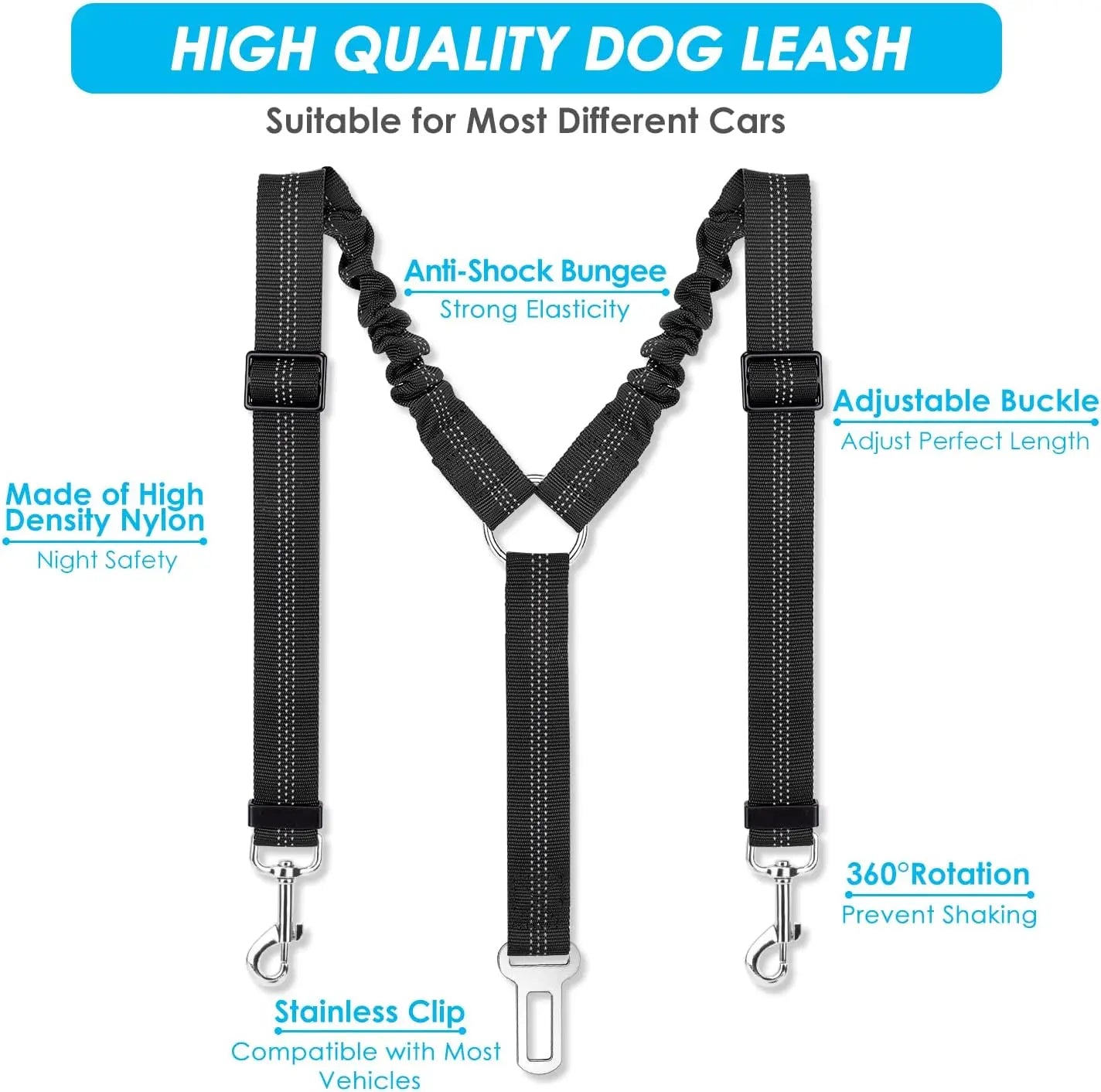 Dog Seat Belt, Double Dog Seatbelt Adjustable Vehicle Safety Leash with Elastic Bungee Buffer, Reflective No Tangle Y Shape Two