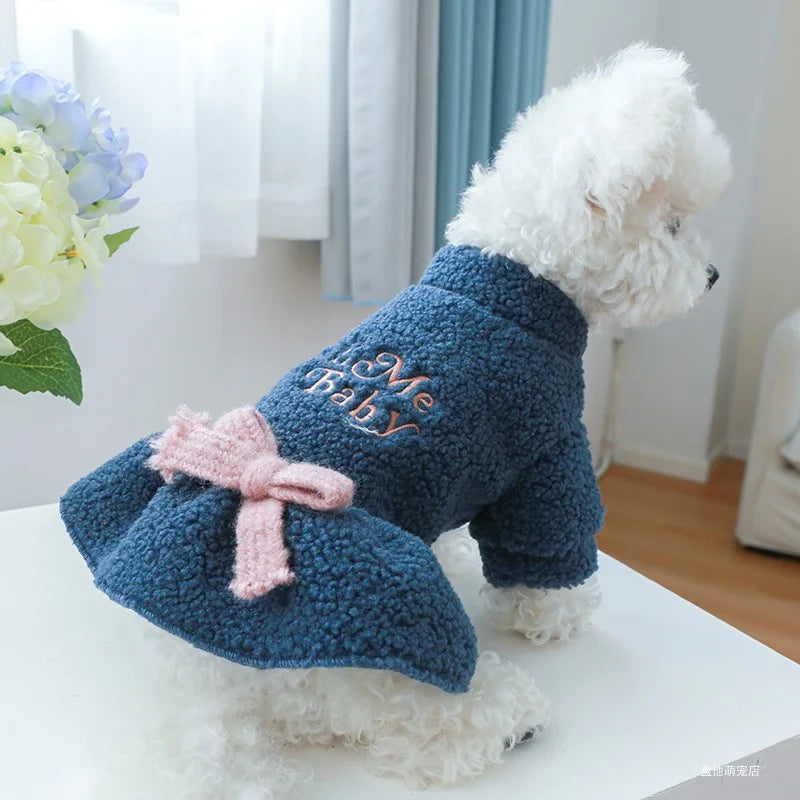 1PC Pet Apparel Cat Dog Autumn and Winter Plush Thickened Warm Blue Bow Princess Dress Suitable for Small and Medium sized Dogs