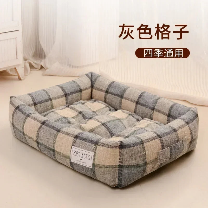 Plaid Printing Soft Removable&Washable Dog Bed Fabric Skin-Friendly Cotton&Linen Breathable Pet Sofa Square Cat Litte Dog Bed