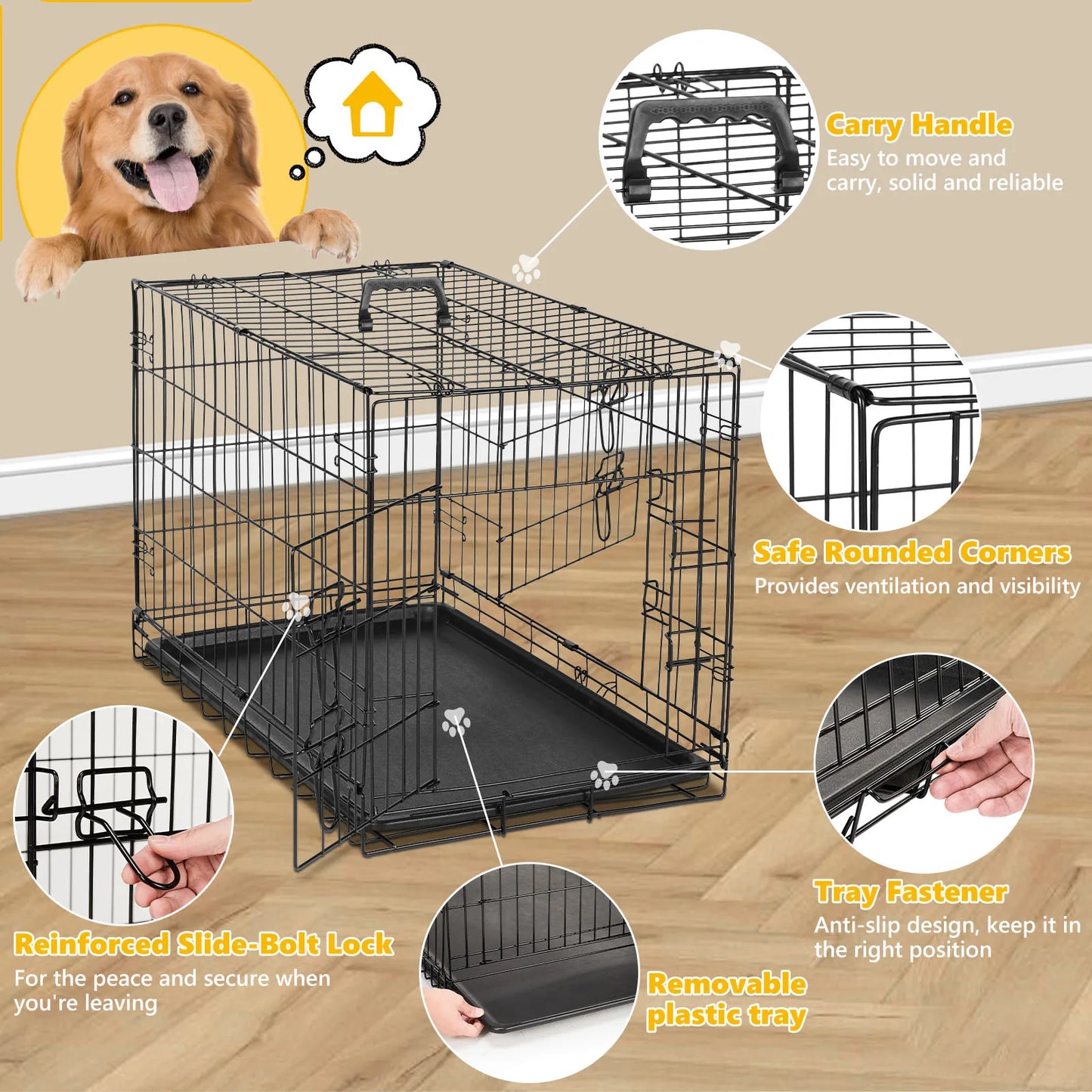 JHK Double Door Folding Metal Wire Dog Cage with Plastic Leak-Proof Pan Tray Extra Large Pet Kennel for Indoor Outdoor Travel