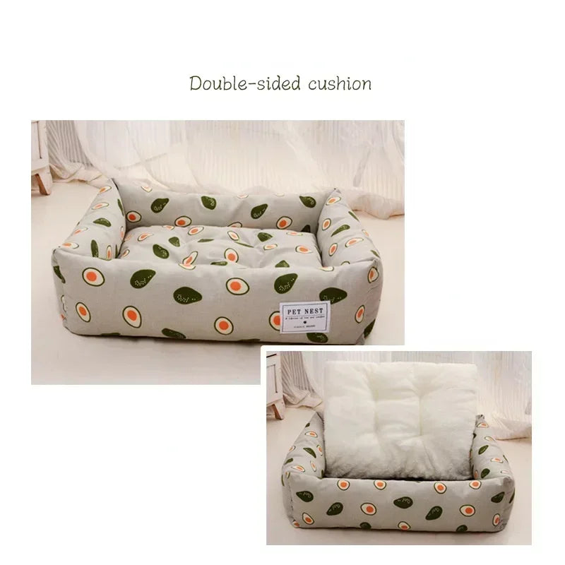 Plaid Printing Soft Removable&Washable Dog Bed Fabric Skin-Friendly Cotton&Linen Breathable Pet Sofa Square Cat Litte Dog Bed