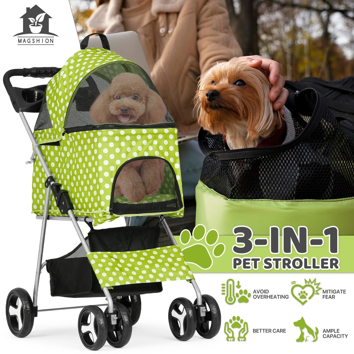 US Foldable Pet Stroller Dog Stroller Removable Travel Carrier+Cup Holder 4 Wheels