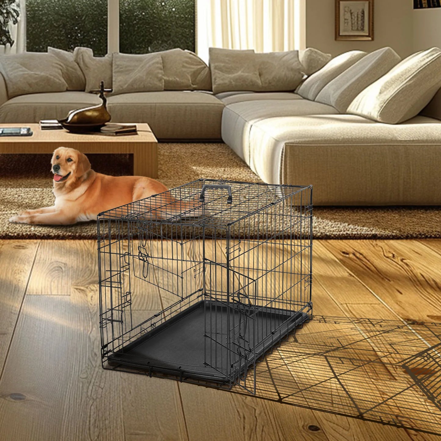 JHK Double Door Folding Metal Wire Dog Cage with Plastic Leak-Proof Pan Tray Extra Large Pet Kennel for Indoor Outdoor Travel