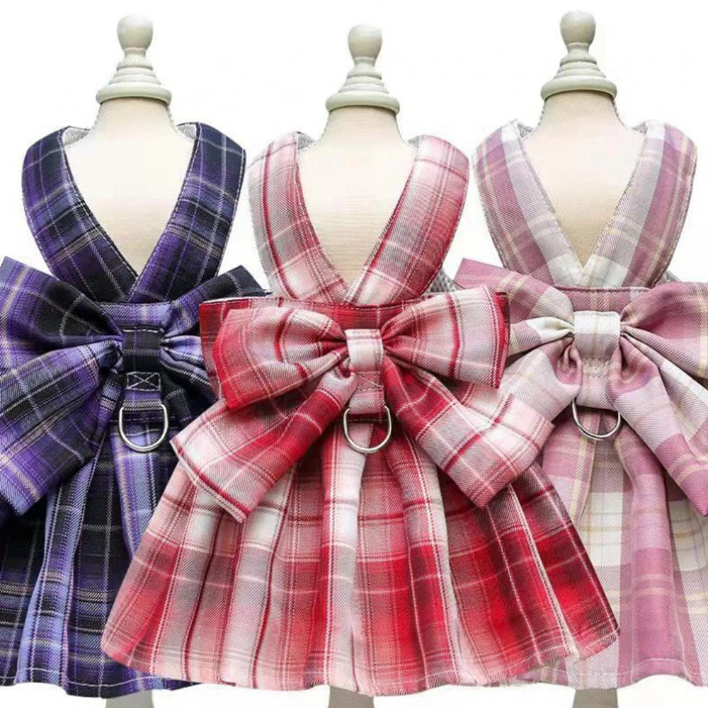 JK Dog Dress Harnesses with Leash Set Plaid Puppy Girl Skirt Doggy Dresses with Leash Ring Doggie Clothes for Small Medium Dogs