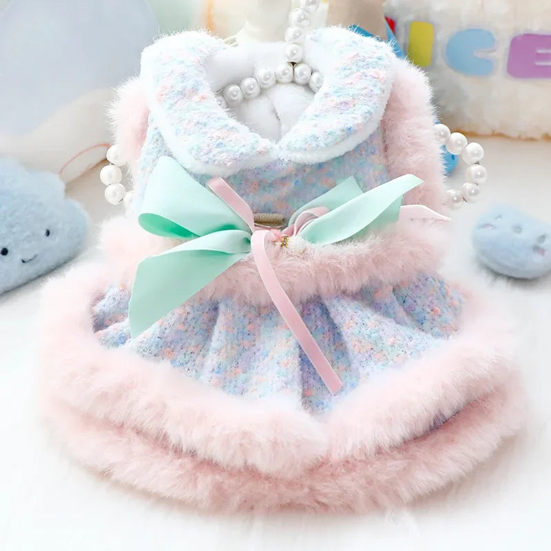 Fashion Soft Plush Pet Dog Clothes Lovely Pink Blue Winter Warm Princess Dress For Small Medium Dogs Poodle Puppy Dog Dresses